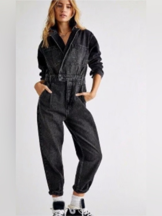 We The Free Denim - NWT FREE PEOPLE MARIS JUMPSUIT DENIM JEAN COVERALLS LONG SLEEVE UTILITY BLACK